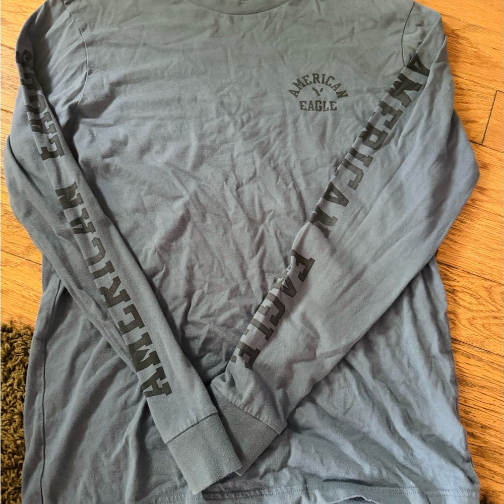 American Eagle Outfitters Steel Blue/Gray Long Sleeve Tee with Sleeve Graphics